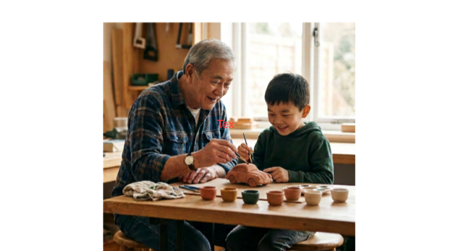 Grandfather and grandson painting ceramic car